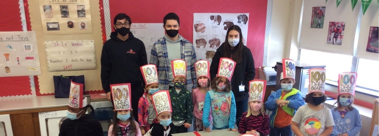 100 days at WES Kindergarten with kids wearing 100 day hats